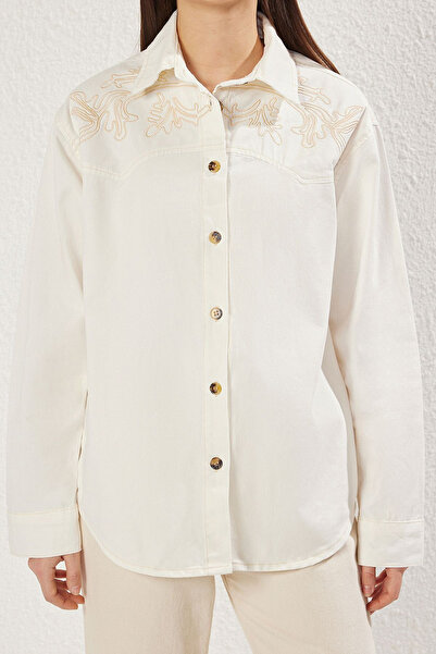Trendyol Collection Ecru Embroidered Oversize Denim Shirt Twoss25Go00074