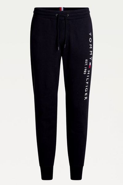 Tommy Hilfiger Logo-ul mărcii pentru bărbați, bumbac organic, cu șireturi, talie elastică, două buzunare laterale, trening negru cu buzunar la spate