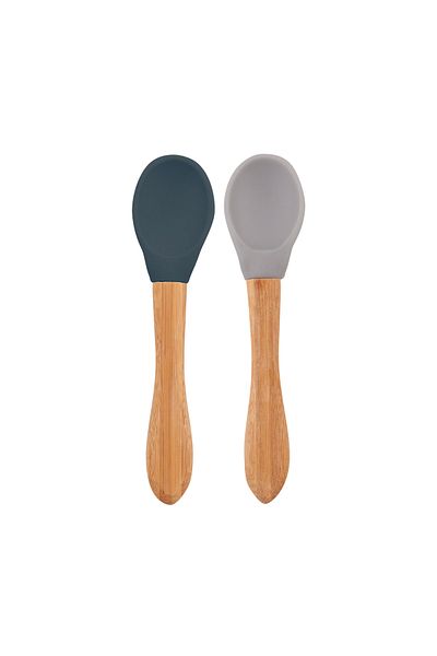 OiOi Set of 2 Dark Blue and Gray Silicone Spoons - Bamboo Handle