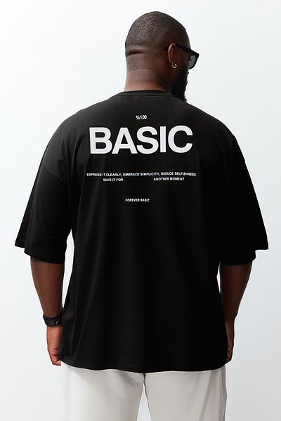 Trendyol Collection Black Oversize/Wide Cut Crew Neck Back Printed Large Size T-Shirt Tmnss25Bf00004