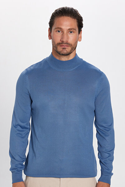 Tudors Erkek Slim Fit Dar Kesim Yarım Balıkçı Yaka Düz İndigo Triko Kazak