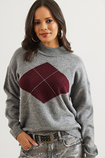 Olalook Women's Gray Diamond Patterned Half Fisherman Knit Sweater Kzk- 19000961