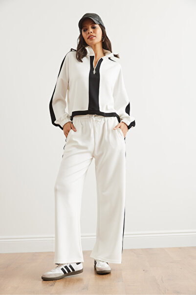 Olalook Women's White Bottom Top Stripe Detailed Modal Button Tracksuit Set Etkm- 0000080