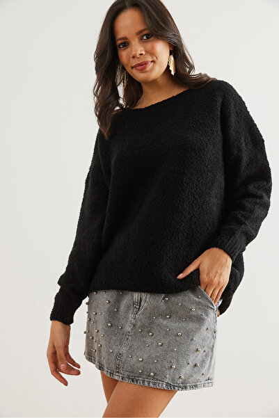 Olalook Women's Black Crew Neck Soft Textured Oversize Knitwear Sweater Kzk- 19000828