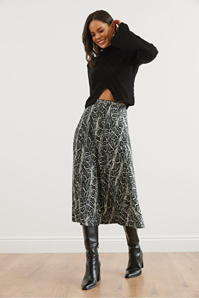 Olalook Kadın Yılan Siyah Beli Lastikli Süet Dokulu Çan Etek ETK-19000141