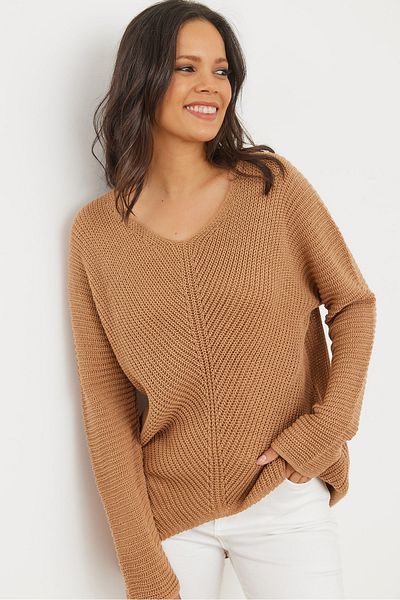 Olalook Women's Camel Veil Braided V-Neck Thessaloniki Sweater Kzk- 19000867