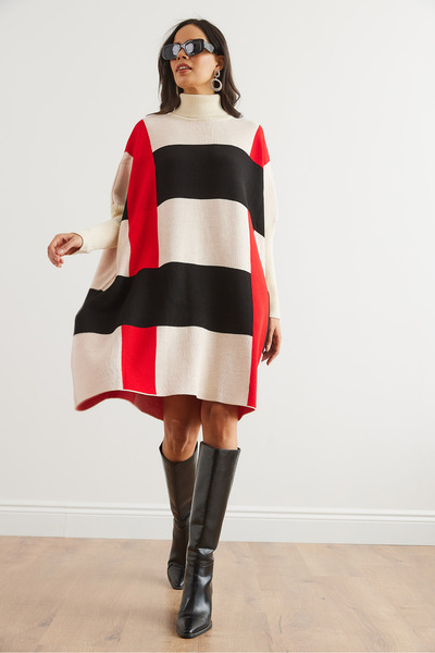 Olalook Women's Ecru Black Plaid Thick Poncho Tunic Dress Elb- 19002323