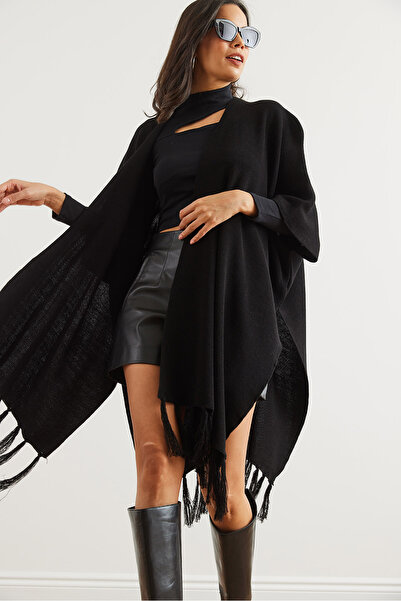 Olalook Women's Black Tasseled Poncho Cardigan Hrk- 19000338