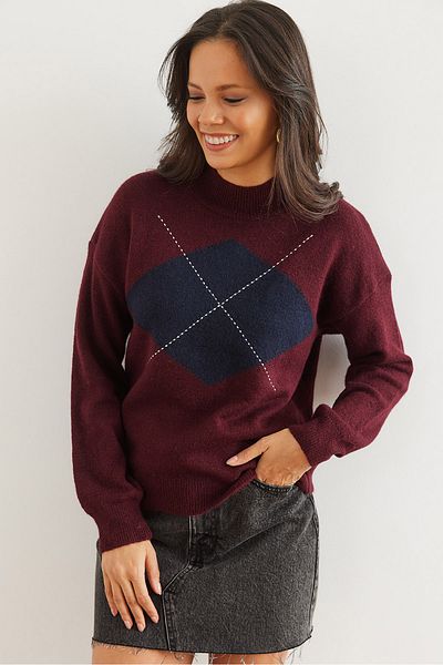 Olalook Pulover de damă, roșu Claret, cu model Argyle, pe jumătate de pescar KZK- 19000961