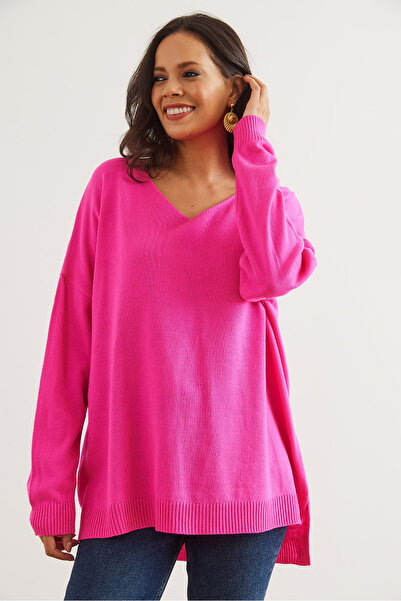 Olalook Fuchsia V-Neck Split Detailed Basic Knitwear Women's Sweater - Kzk- 19000868