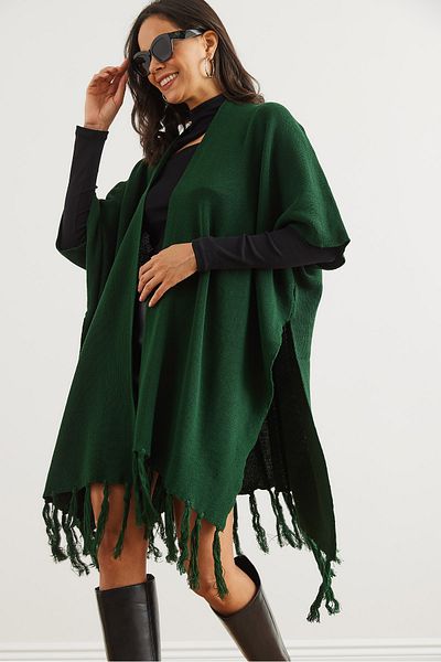 Olalook Smaragdgrüner Poncho-Cardigan mit Quasten für Damen HRK- 19000338