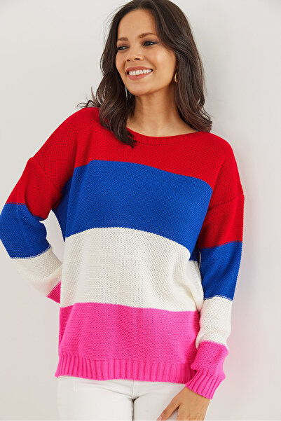 Olalook Women's Fuchsia Red Color Block Slim Knitwear Sweater Kzk- 19000814