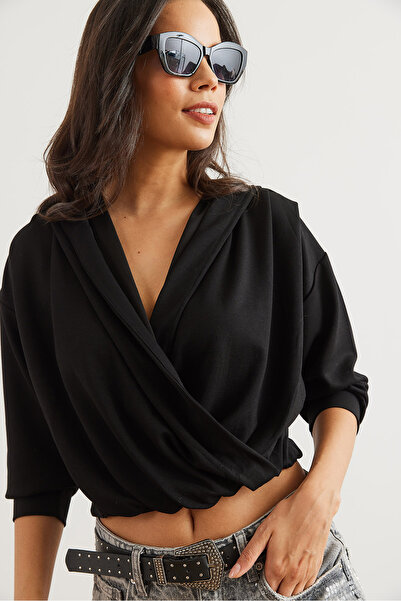 Olalook Bluză neagră pentru femei, cu glugă, cu două piept, cu buton modal BLZ- 19002823