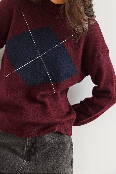 Olalook Women's Burgundy Diamond Patterned Half Fisherman Knit Sweater Kzk- 19000961