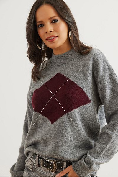 Olalook Pulover de damă gri Argyle cu model pe jumătate de pescar KZK- 19000961