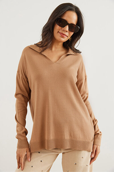 Olalook Women's Camel Polo Neck Basic Knitwear Sweater Kzk- 19000871