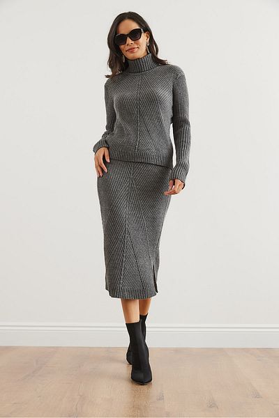 Olalook Women's Anthracite Geometric Textured Skirt Knitwear Suit Tkm- 19000325