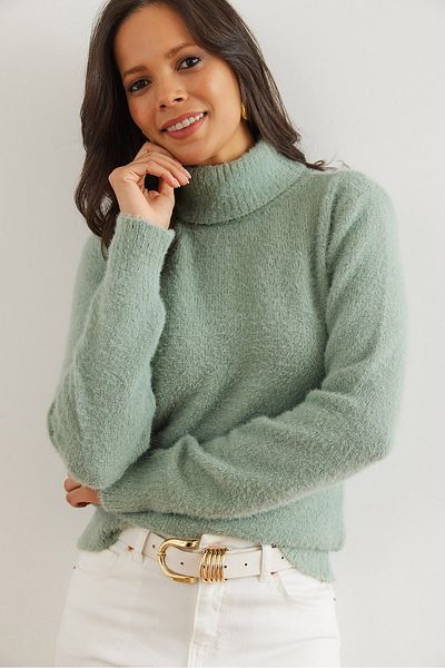 Olalook Women's Water Green Turtleneck Soft Textured Bearded Knitwear Sweater Kzk- 19000861