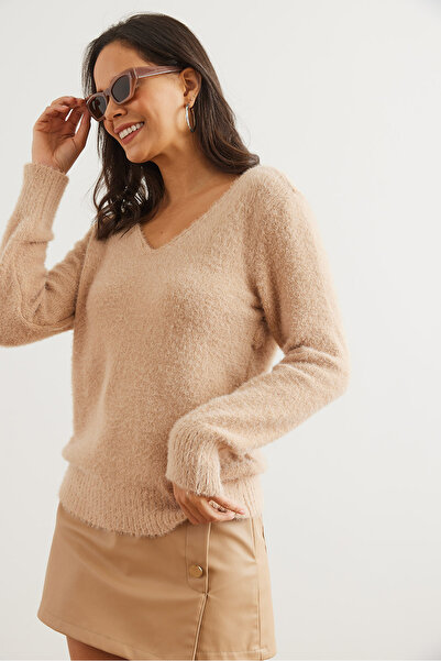 Olalook Women's Milk Coffee V-Neck Soft Textured Beard Knitwear Sweater Kzk- 19000860