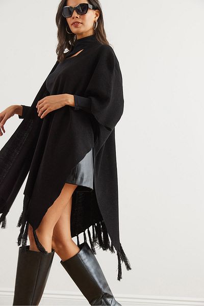 Olalook Schwarzer Poncho-Cardigan mit Quasten für Damen HRK- 19000338