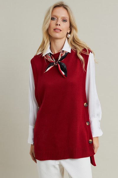 Cool & Sexy Πλεκτό τουνίκ με κουμπιά τούβλο - Αμάνικο YV75