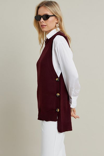 Cool & Sexy Plum Color Women's Knitwear Tunic - Side Button, Sleeveless Yv75
