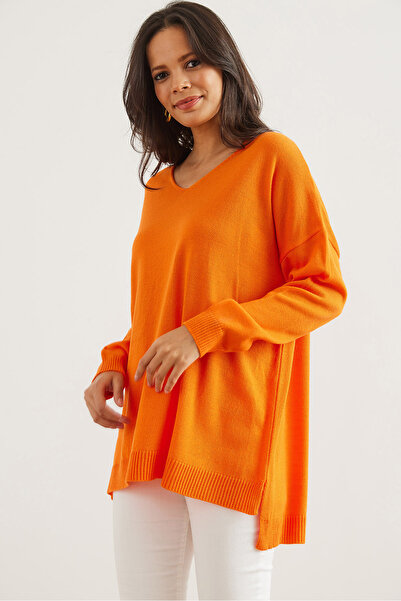 Olalook Pulover de damă portocaliu cu decolteu în V - KZK- 19000868