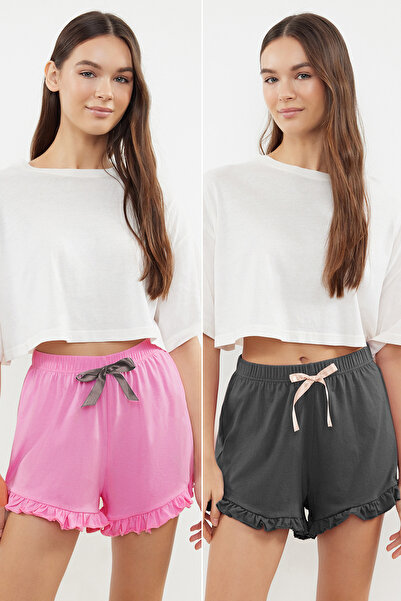 Trendyol Collection 2-Pack Gray and Pink Cotton Knitted Pajama Bottoms with Ruffles and Ribbon Detail Thmss24Pj00027