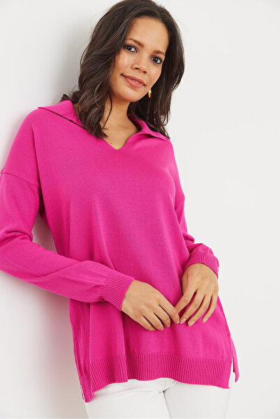 Olalook Women's Fuchsia Polo Neck Basic Knitwear Sweater Kzk- 19000871