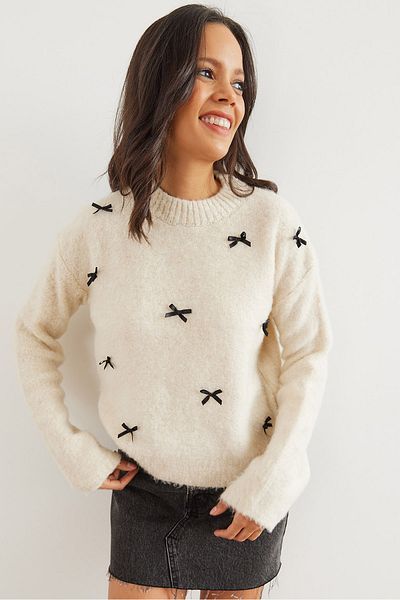 Olalook Women's Ecru Bow Detailed Raised Knitwear Sweater Kzk- 19000960