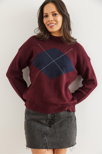 Olalook Women's Burgundy Diamond Patterned Half Fisherman Knit Sweater Kzk- 19000961