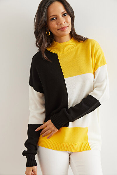 Olalook Women's Yellow and Black Blocks Knitwear Sweater - Kzk- 19000821