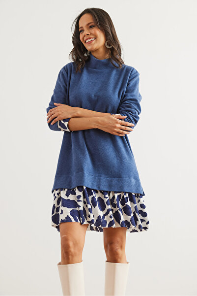 Olalook Kadın İndigo Ekru Garnili Selanik Elbise ELB-19000965