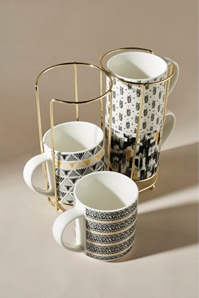 Karaca Nigrum 5 Piece Porcelain Mug/Mug Set with Stand 4x320 ml