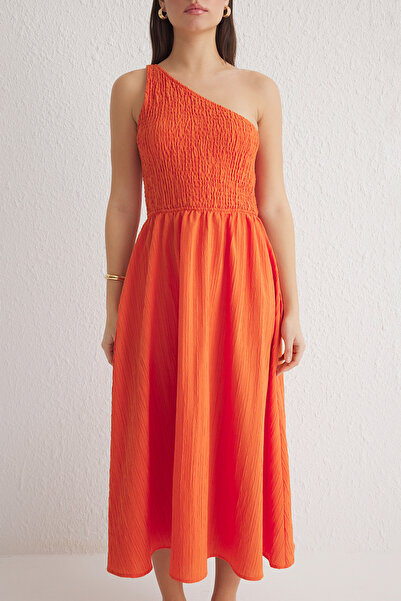 Trendyol Collection Narancssárga deréknyitású Gipeli egyujjú Midi szőtt ruha TWOSS23EL01830