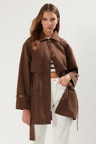 Trendyol Collection Dark Brown Piece Detailed Regular Midi Trench Coat Twoss25Tr00018