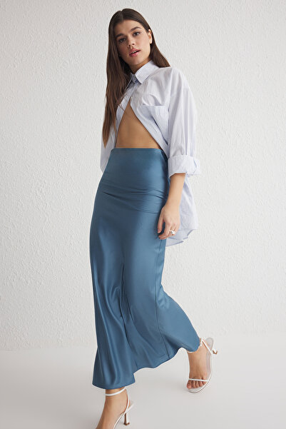 Trendyol Collection Indigó szatén hal alakú maxi hosszúságú szőtt szoknya TWOSS24ET00120