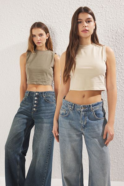 Trendyol Collection Khaki-Ecru 2er-Pack ärmellose, dehnbare Strick-Unterhemden aus Baumwolle TWOSS23AL00010