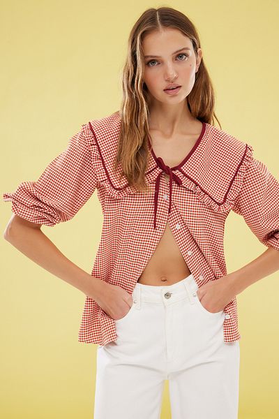 Trendyol Collection Gingham-Babykragen-Webhemd mit Fliesenwaffelmuster TWOSS25GO00064