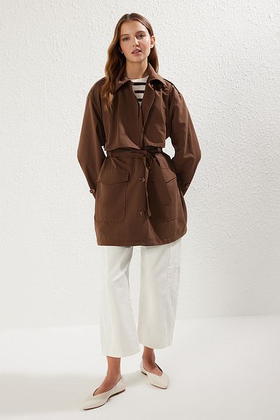 Trendyol Collection Dark Brown Piece Detailed Regular Midi Trench Coat Twoss25Tr00018