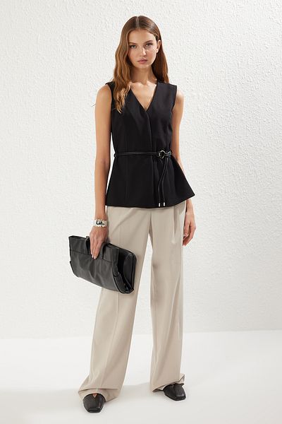 Trendyol Collection Double-Breasted Collar Black Vest - Belted, Body-Fitting Twoss25Ye00009