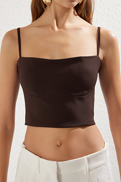 Trendyol Collection Σκούρο καφέ Στράπλες Crop Woven Bustier TPRSS25BS00012