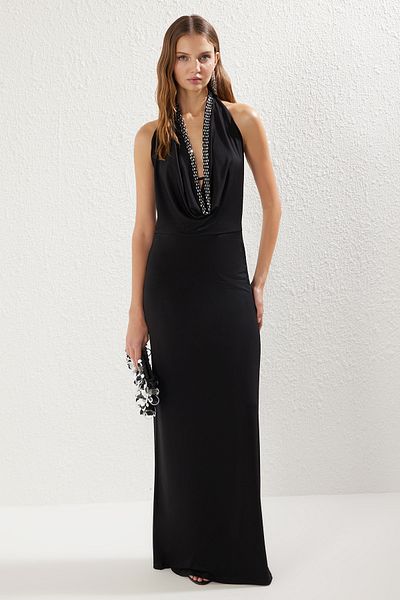Trendyol Collection Black Degaje Neckline Shiny Stone Detailed Knitted Stylish Evening Dress Tprss25Ae00004