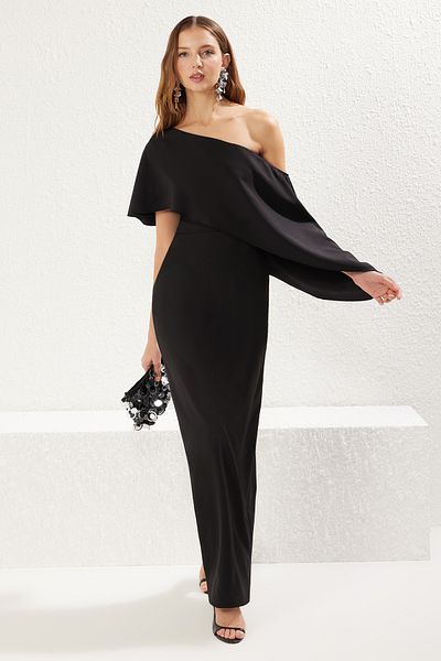 Trendyol Collection Schwarzes, gerades, schmales, ungefüttertes, gewebtes, schickes Abendkleid und Heimkehrkleid TPRSS25AE00019