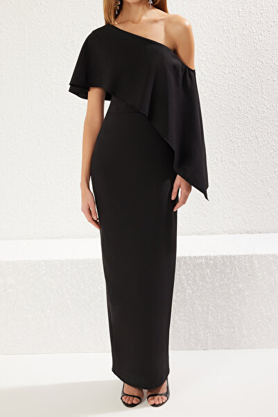 Trendyol Collection Μαύρο ίσιο, λεπτό, υφαντό, κομψό βραδινό φόρεμα & φόρεμα επιστροφής στο σπίτι TPRSS25AE00019