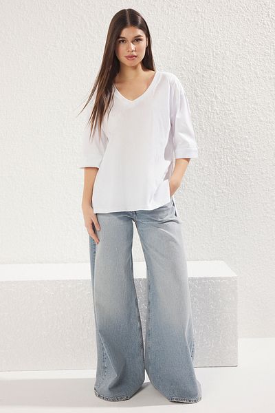 Trendyol Collection Tricou alb, 100% bumbac, supradimensionat/larg, tricotat cu mâneci trei sferturi TWOSS25TS00011