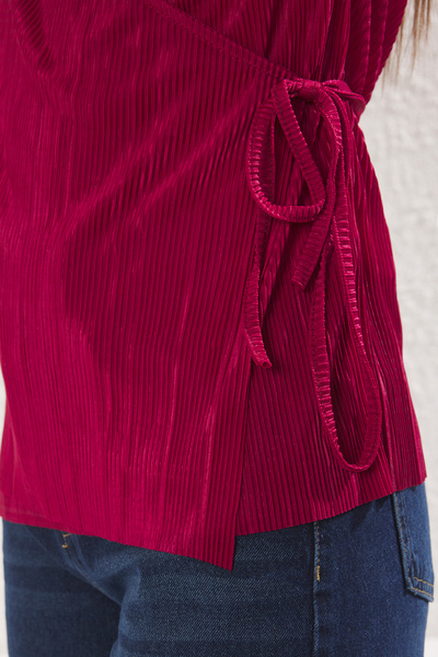 Trendyol Collection Burgundy Pleated Lacing Detail Double Breasted Long Knitted Blouse Twoss25Bz00016