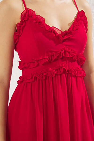 Trendyol Collection Piros virágmintás - Maxi sifon ruha fodrokkal és béléssel TWOSS23EL02013