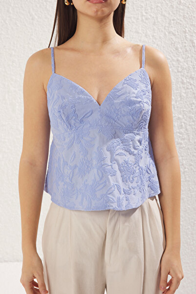 Trendyol Collection Blue Puff Print Technical Suspender Woven Woven Blouse Twoss25Bz00241