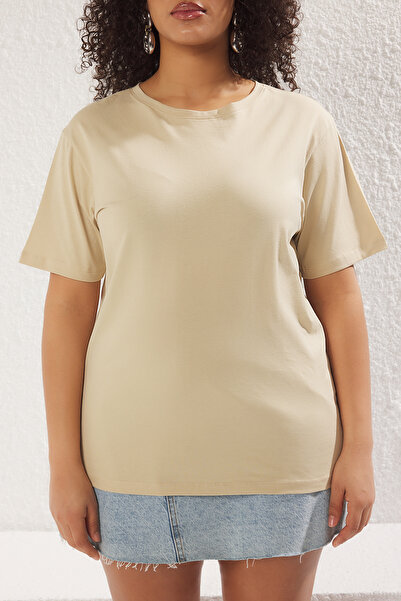 Trendyol Curve Beige Large Size T-Shirt - Regular Fit with Tie Back and Bow Detail Tbbss25Bf00000